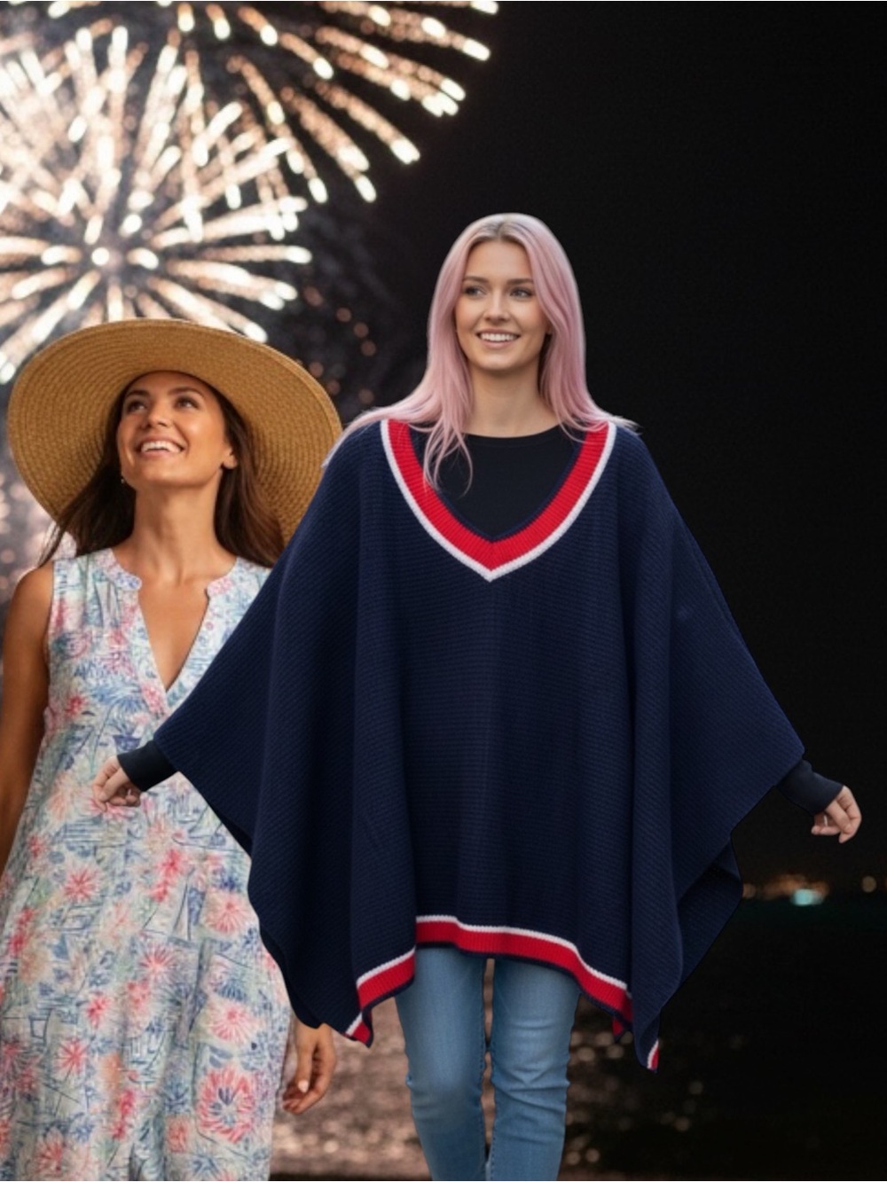 Women's Navy Knit Poncho with Red & White Trim Forth of July!🇺🇸🇺🇸🇺🇸🇺🇸🇺🇸